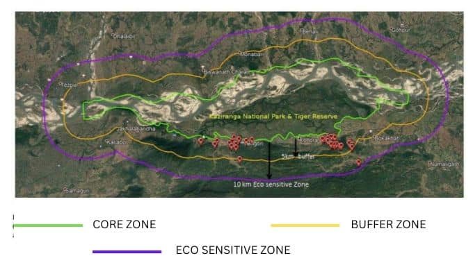 Kaziranga National Park Core Zone, Buffer Zone and Eco Sensitive Zone